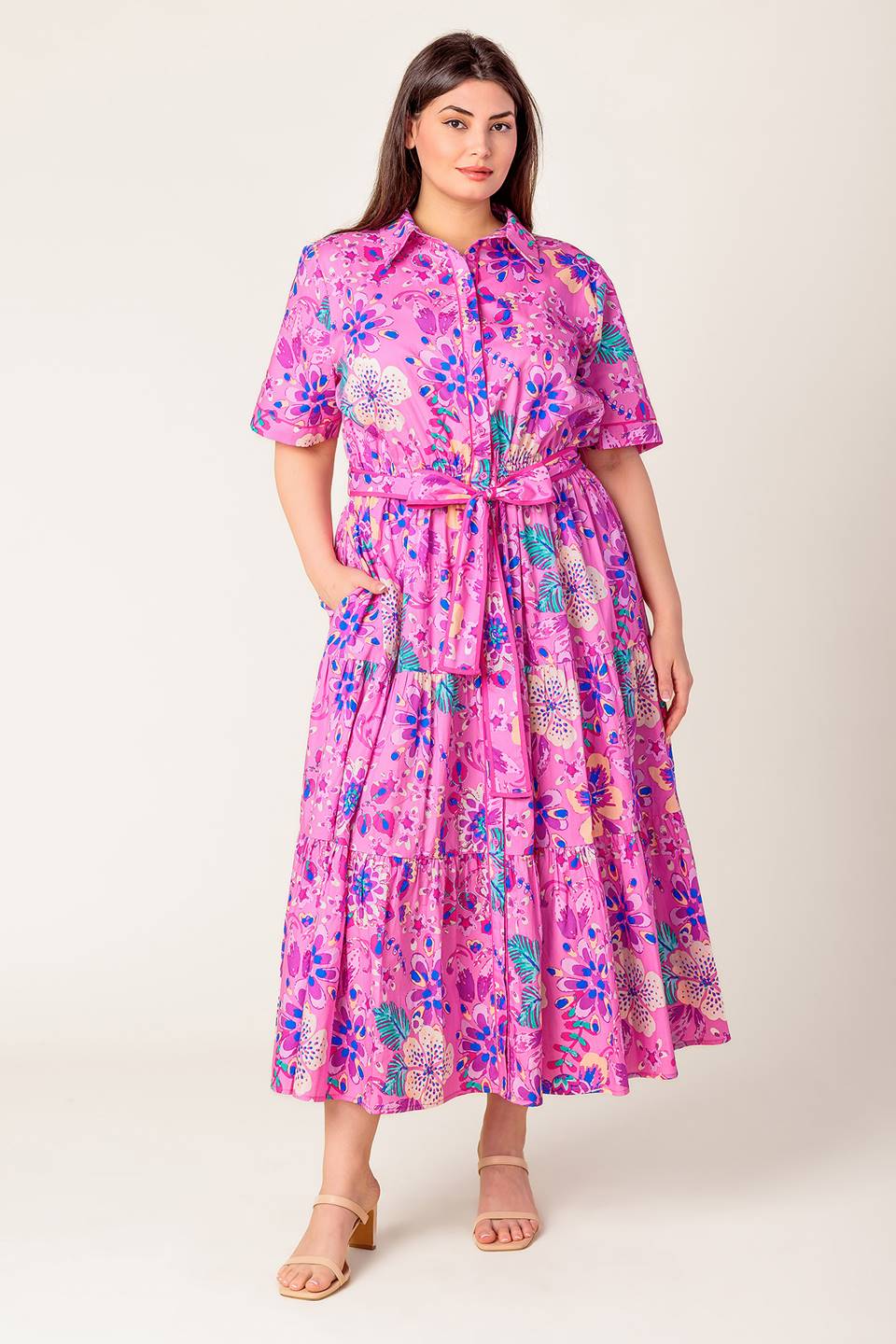 PINK PURPLE Celestial Woven Midi Dress in Pink Purple