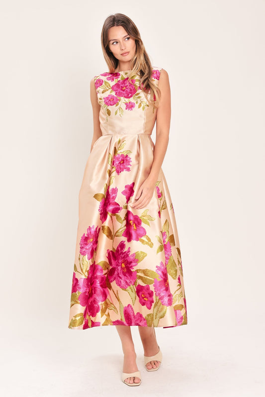 PINK FLORAL Margot Satin Floral Midi Dress