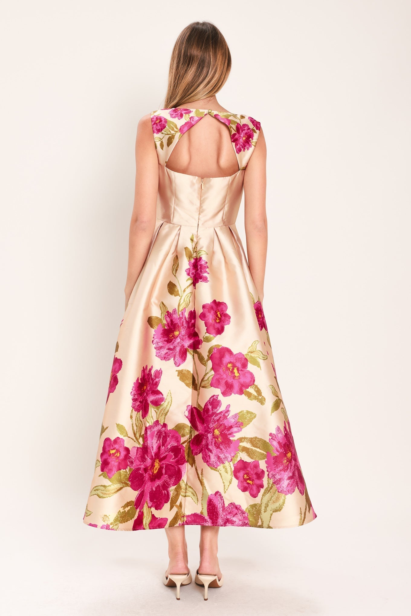 PINK FLORAL Margot Satin Floral Midi Dress