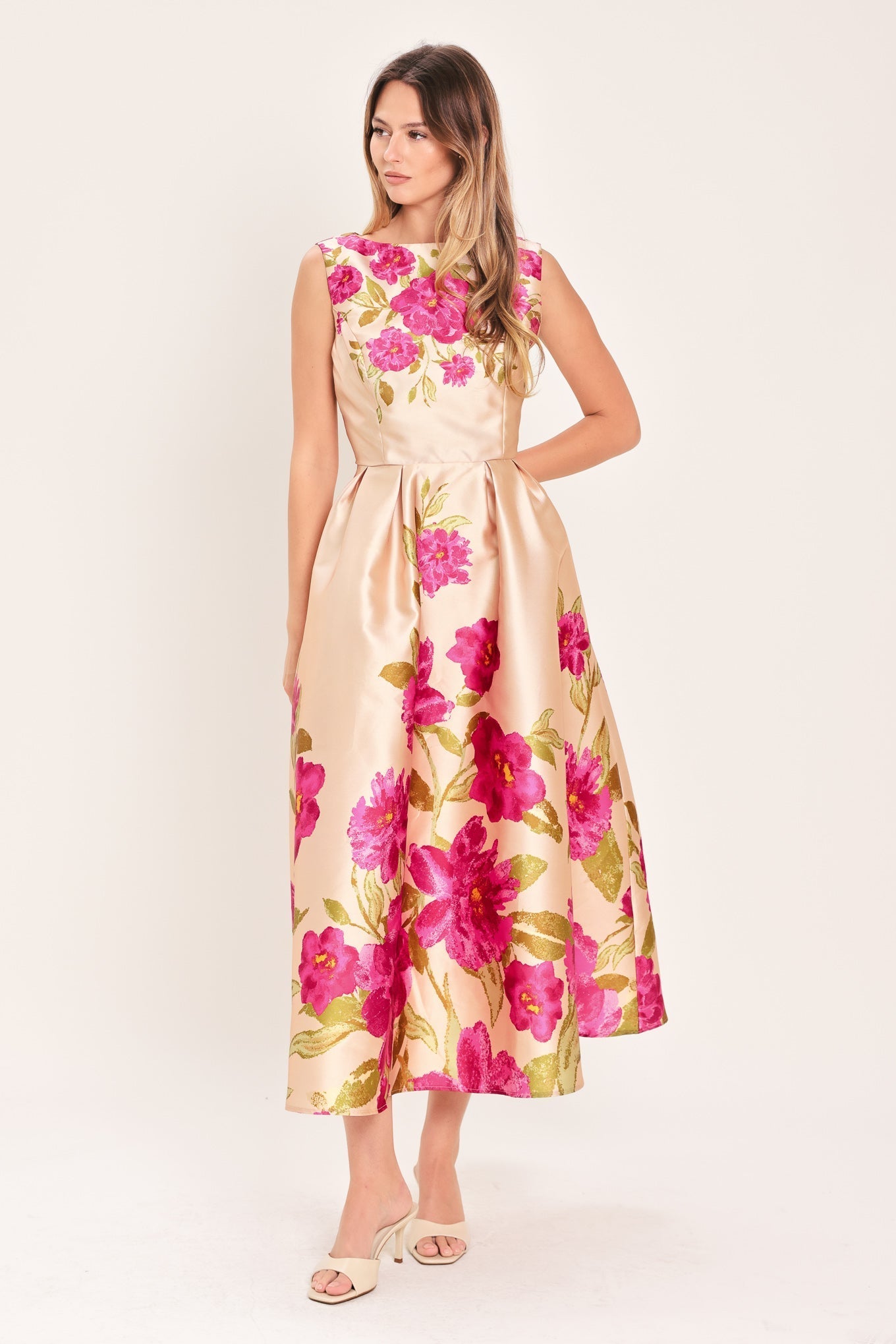 PINK FLORAL Margot Satin Floral Midi Dress