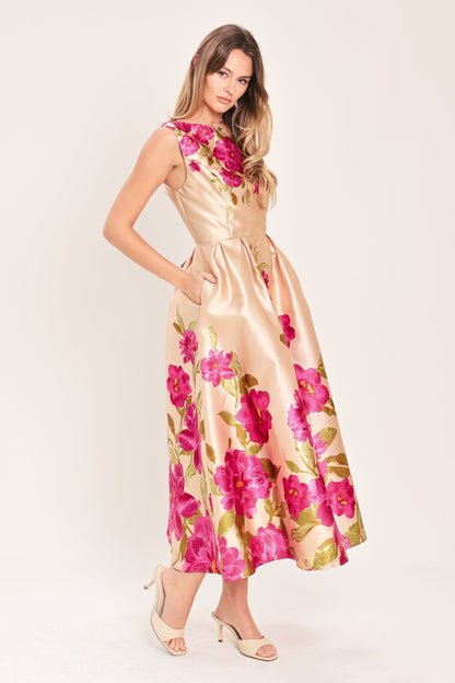 PINK FLORAL Margot Satin Floral Midi Dress