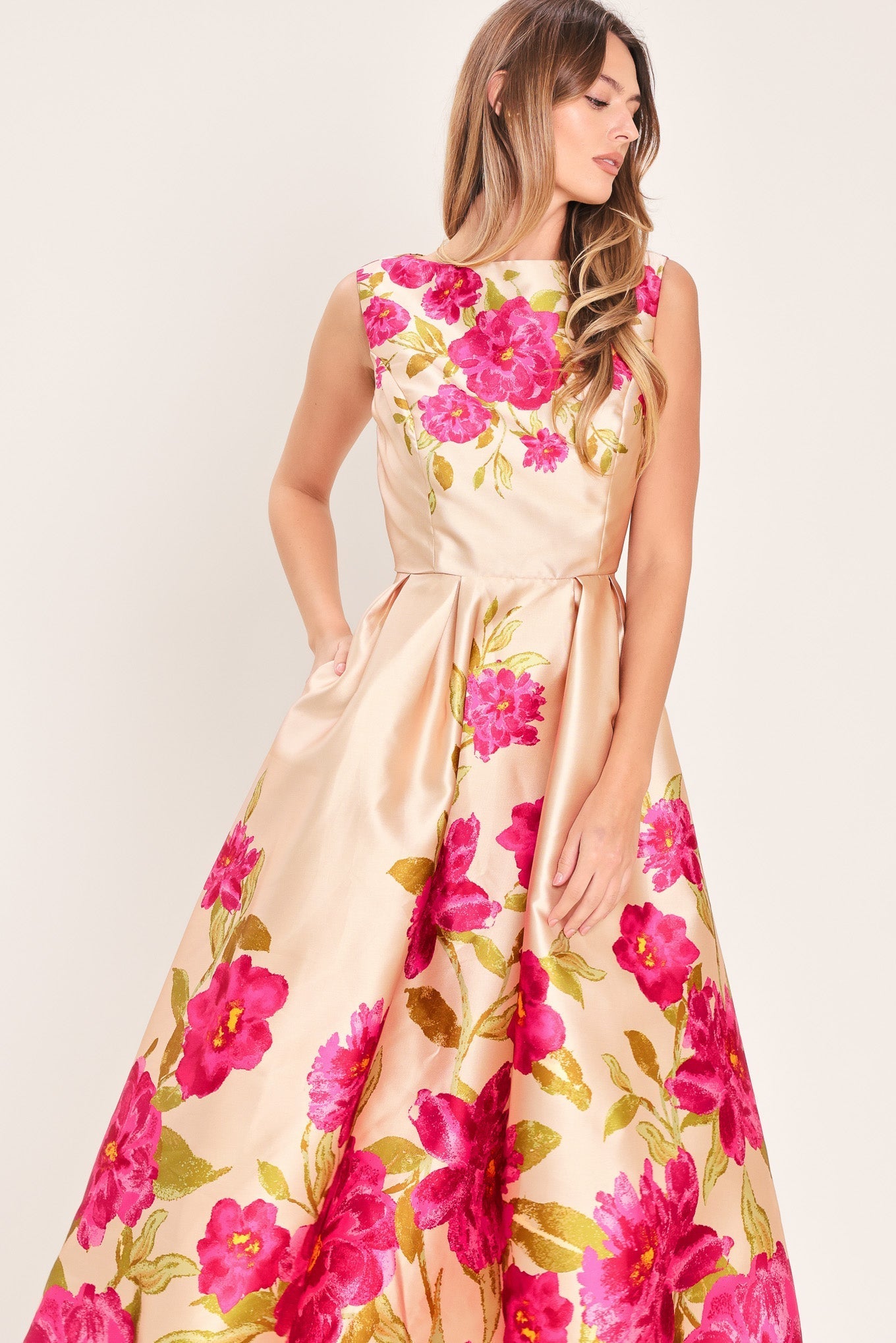 PINK FLORAL Margot Satin Floral Midi Dress