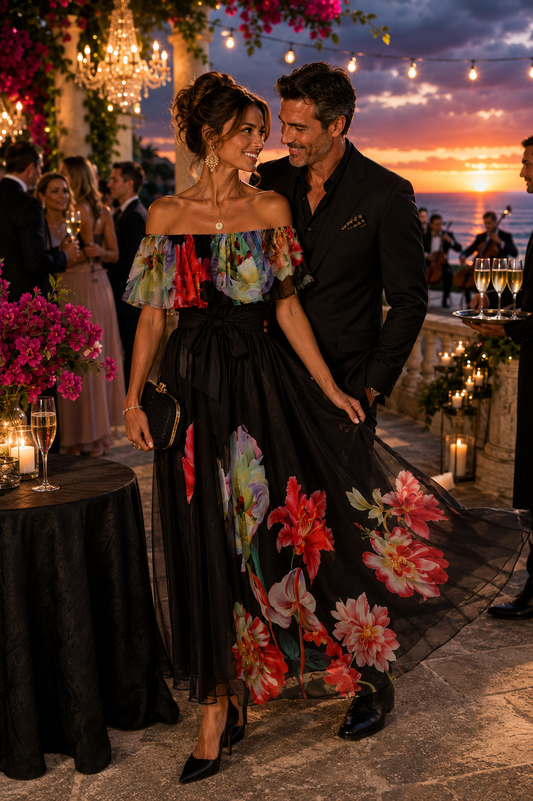 Black Violet Floral Off-Shoulder Dress