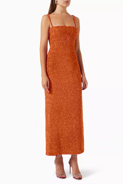 HOT ORANGE Lucienne Crepe Midi Dress in Hot Orange