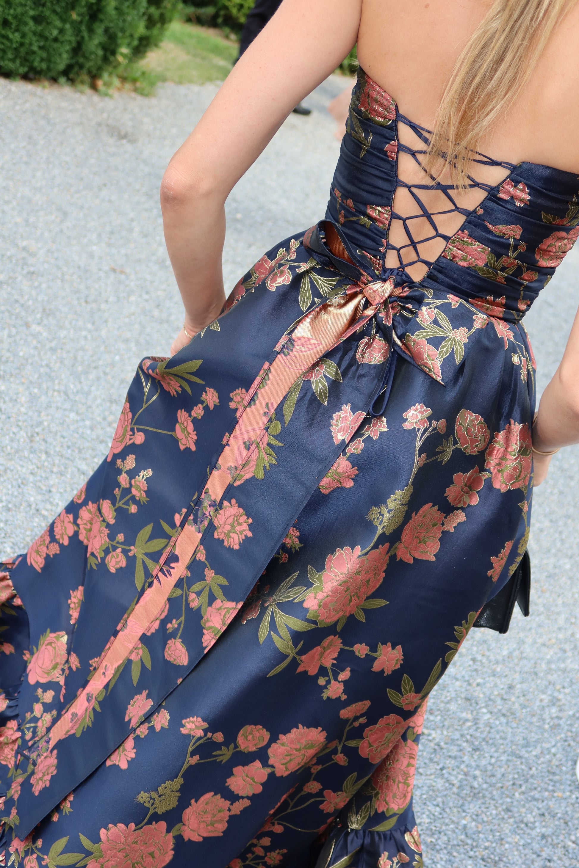 Navy Tudor Rose Brocade Regina Brocade Midi Dress