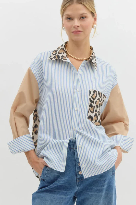 Leopard Patch Striped Shirt