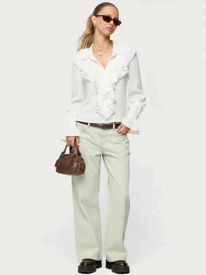 V-neck White Long Sleeve Shirt