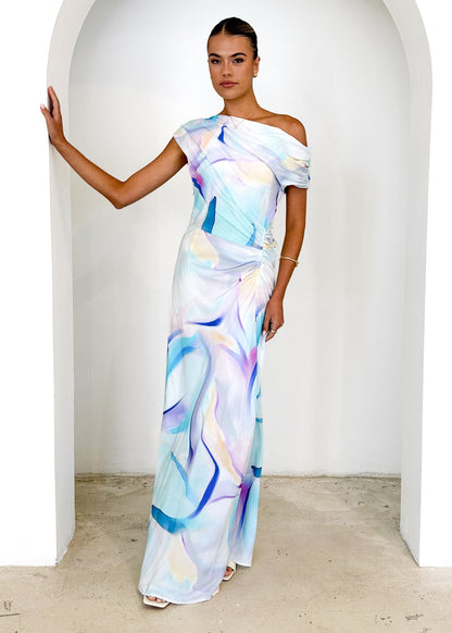 Blue Swirl Violet One-Shoulder Maxi Dress