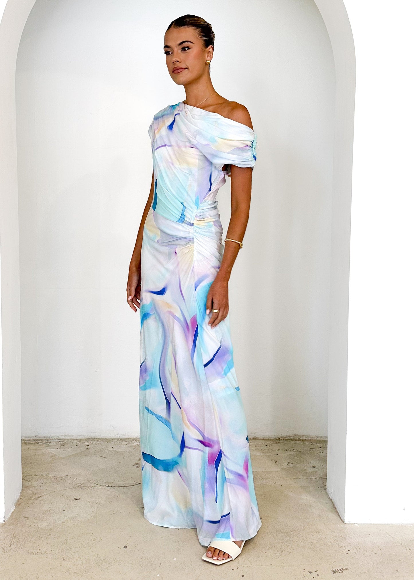 Blue Swirl Violet One-Shoulder Maxi Dress