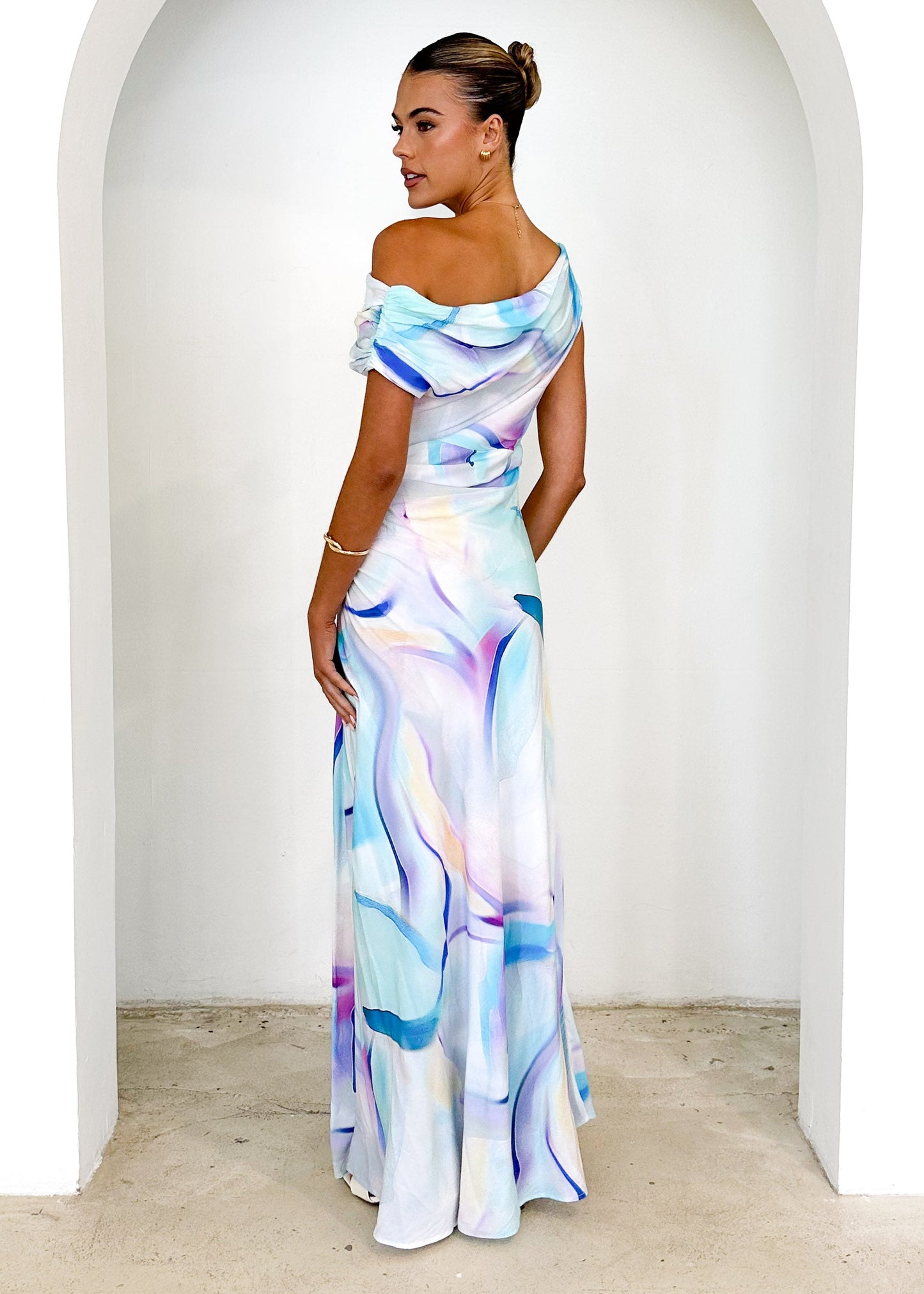 Blue Swirl Violet One-Shoulder Maxi Dress