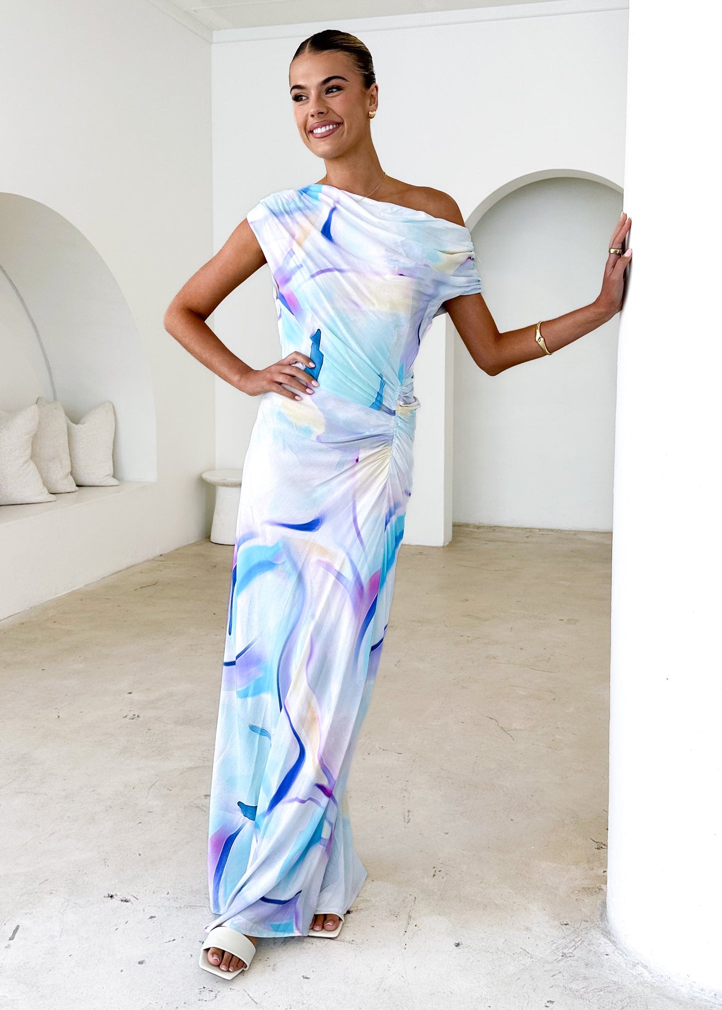 Blue Swirl Violet One-Shoulder Maxi Dress