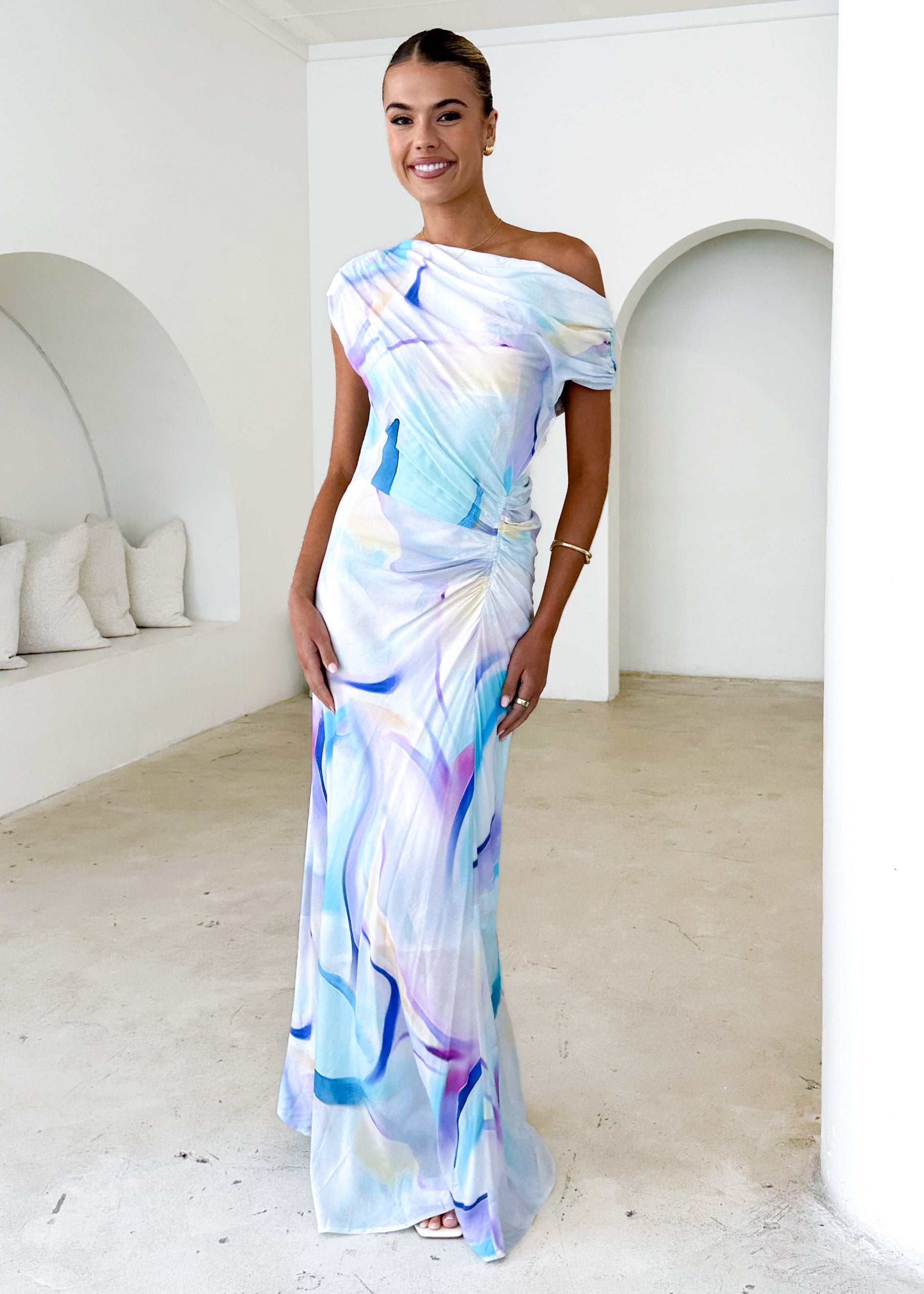 Blue Swirl Violet One-Shoulder Maxi Dress