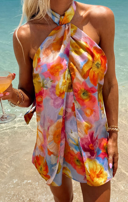 Violet Twist Mini Dress in Brushed Blooms