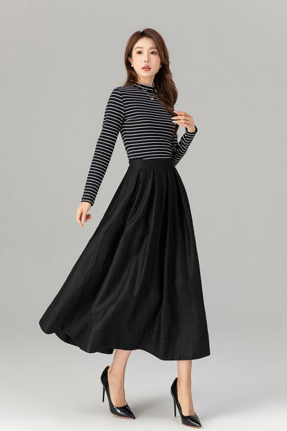 Pleated, Back Elastic Waist with Pockets 4917 Adelaide Linen Midi Skirt