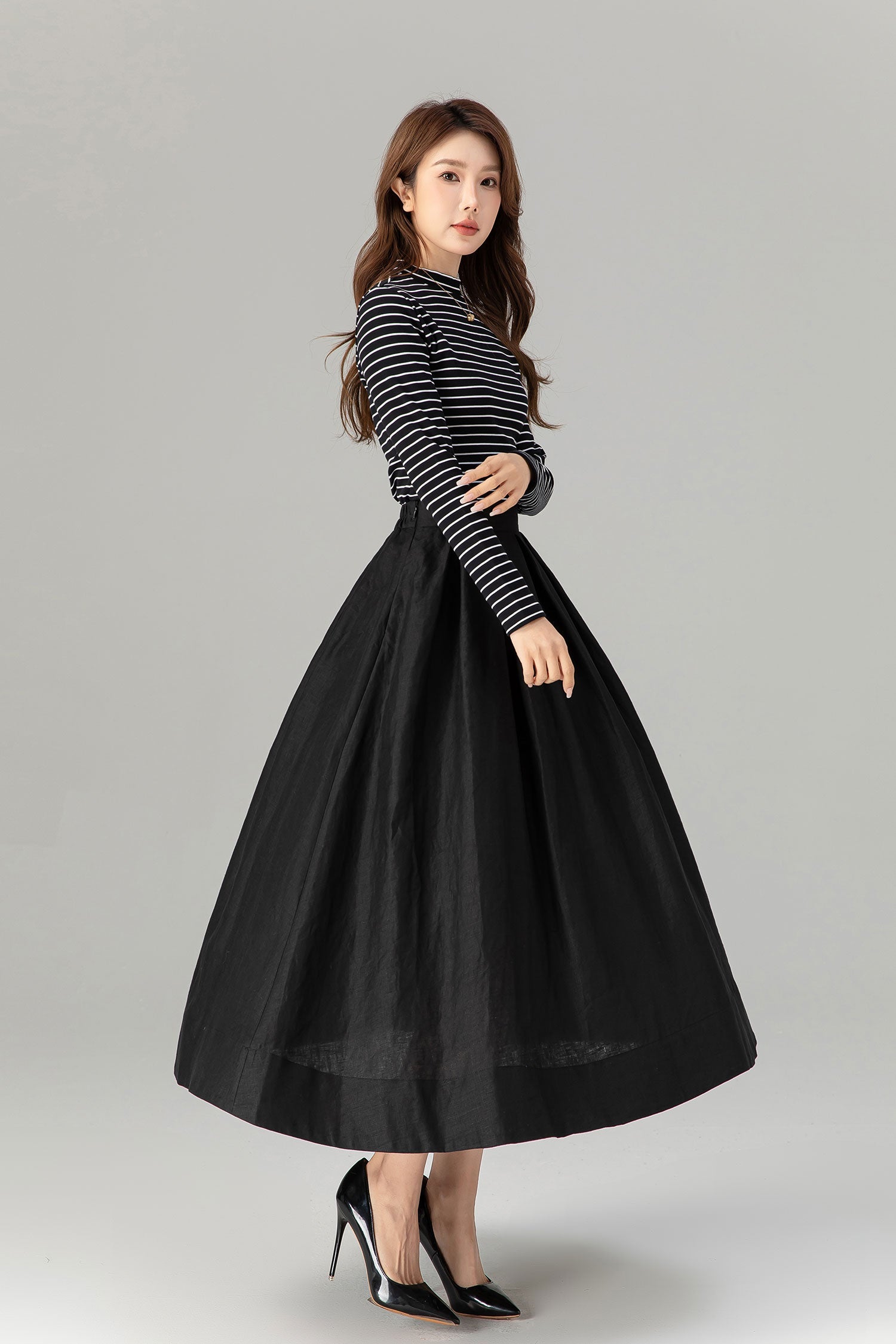 Pleated, Back Elastic Waist with Pockets 4917 Adelaide Linen Midi Skirt