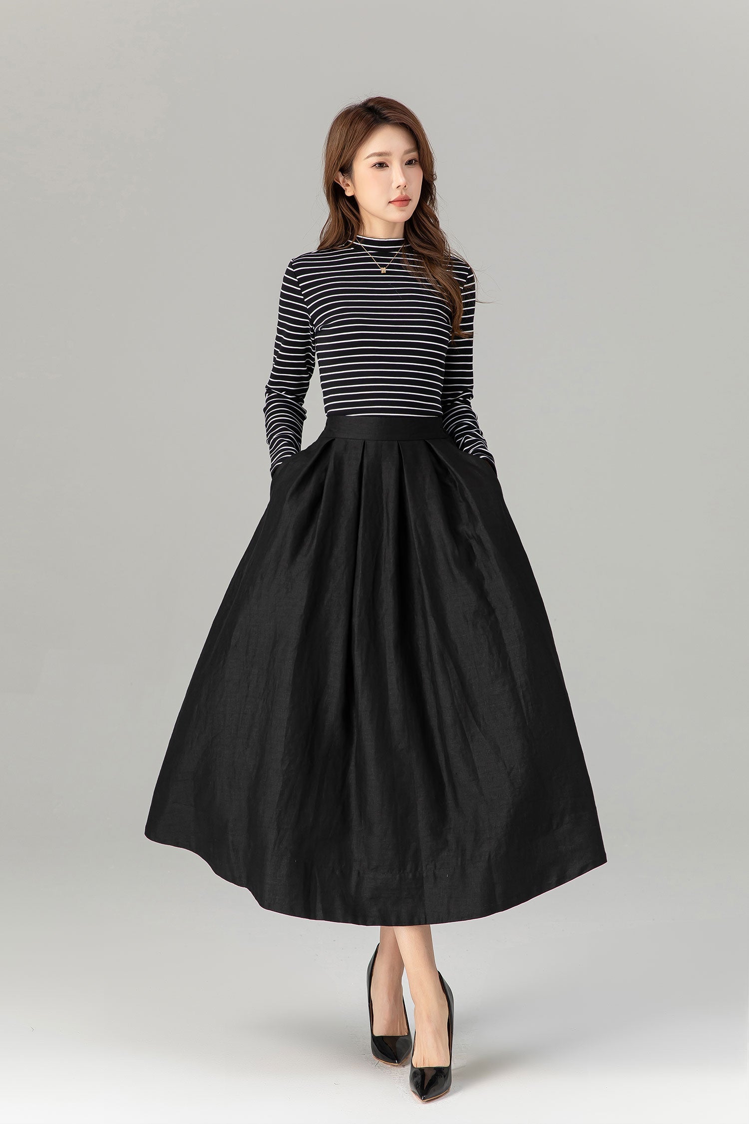 Pleated, Back Elastic Waist with Pockets 4917 Adelaide Linen Midi Skirt