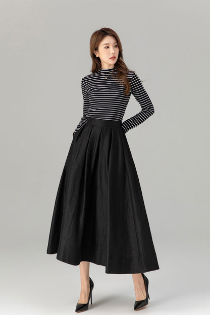 Pleated, Back Elastic Waist with Pockets 4917 Adelaide Linen Midi Skirt