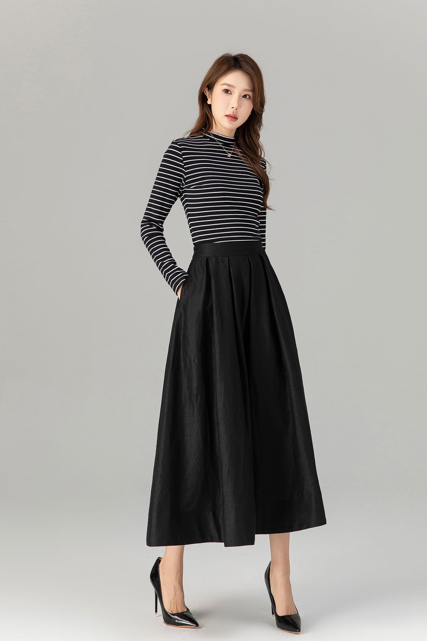Pleated, Back Elastic Waist with Pockets 4917 Adelaide Linen Midi Skirt