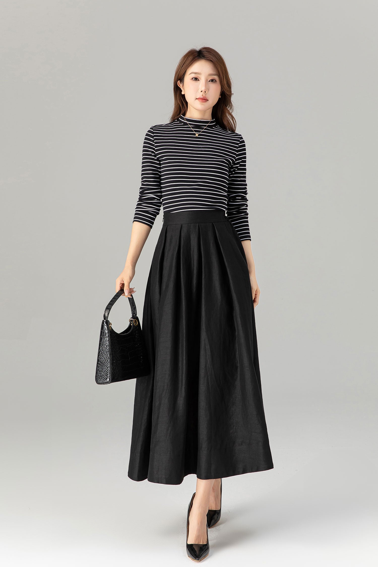 Pleated, Back Elastic Waist with Pockets 4917 Adelaide Linen Midi Skirt