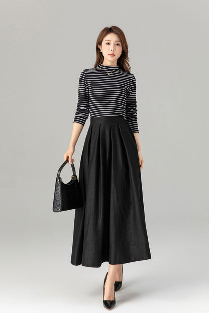 Pleated, Back Elastic Waist with Pockets 4917 Adelaide Linen Midi Skirt