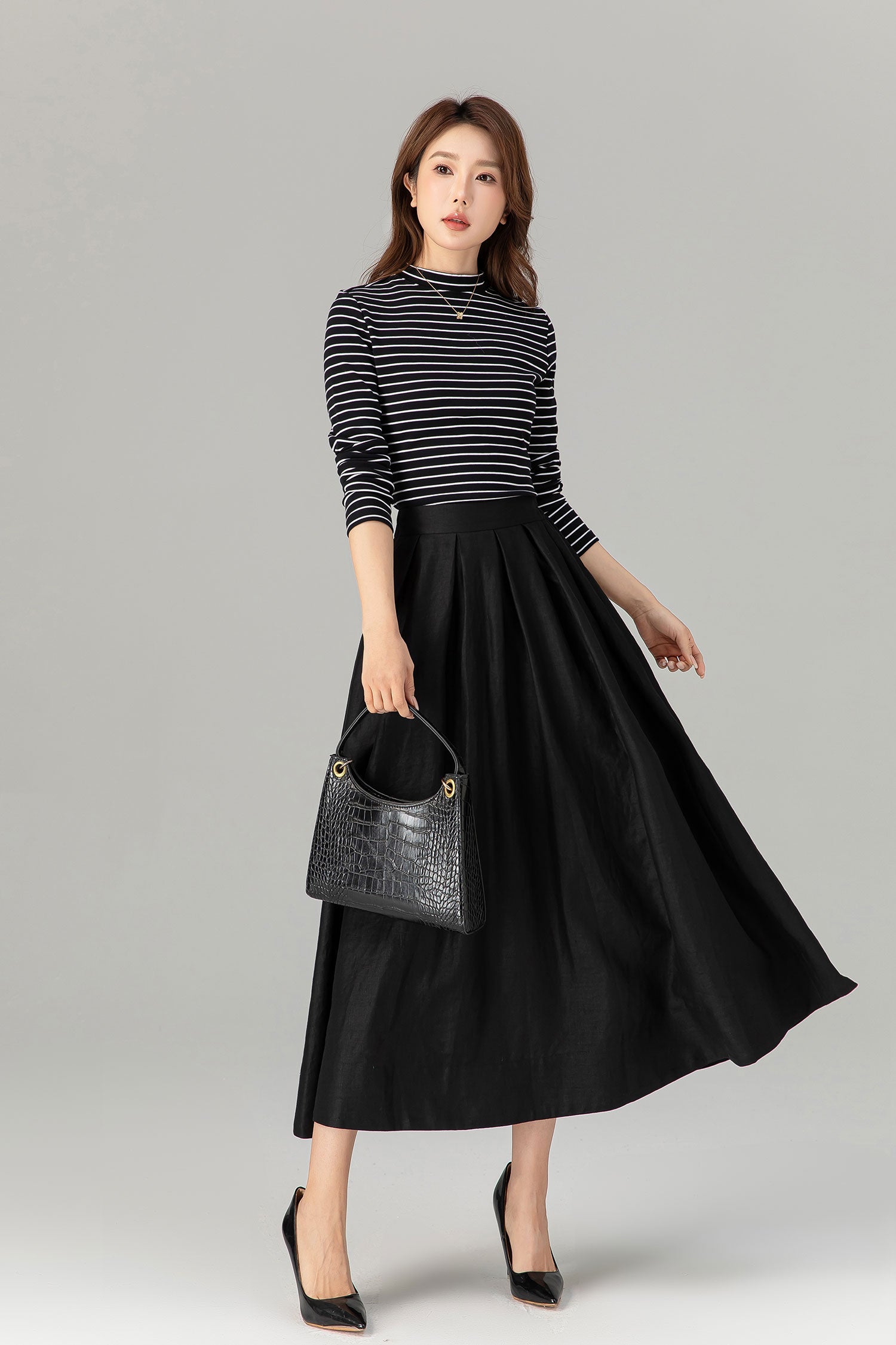 Pleated, Back Elastic Waist with Pockets 4917 Adelaide Linen Midi Skirt