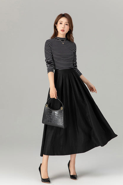 Pleated, Back Elastic Waist with Pockets 4917 Adelaide Linen Midi Skirt