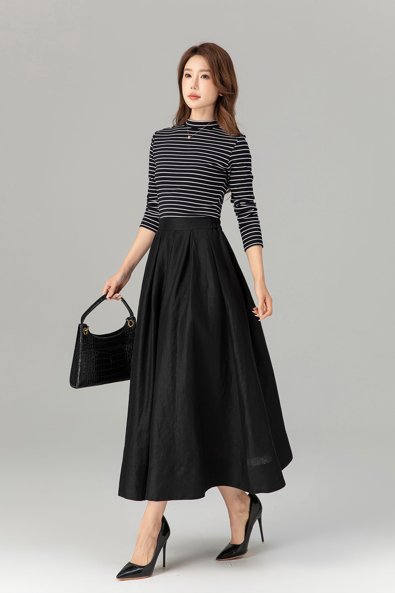Pleated, Back Elastic Waist with Pockets 4917 Adelaide Linen Midi Skirt