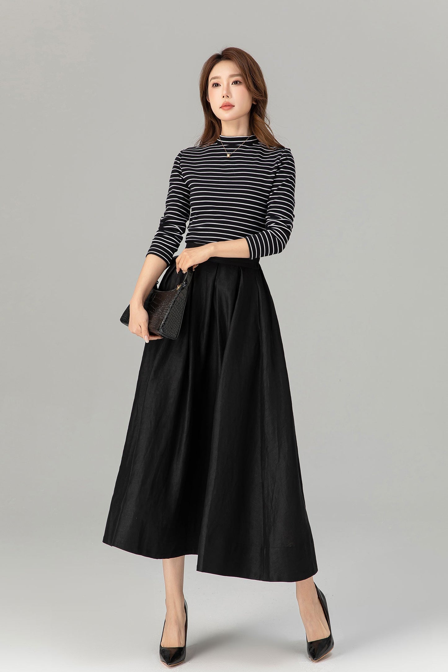 Pleated, Back Elastic Waist with Pockets 4917 Adelaide Linen Midi Skirt