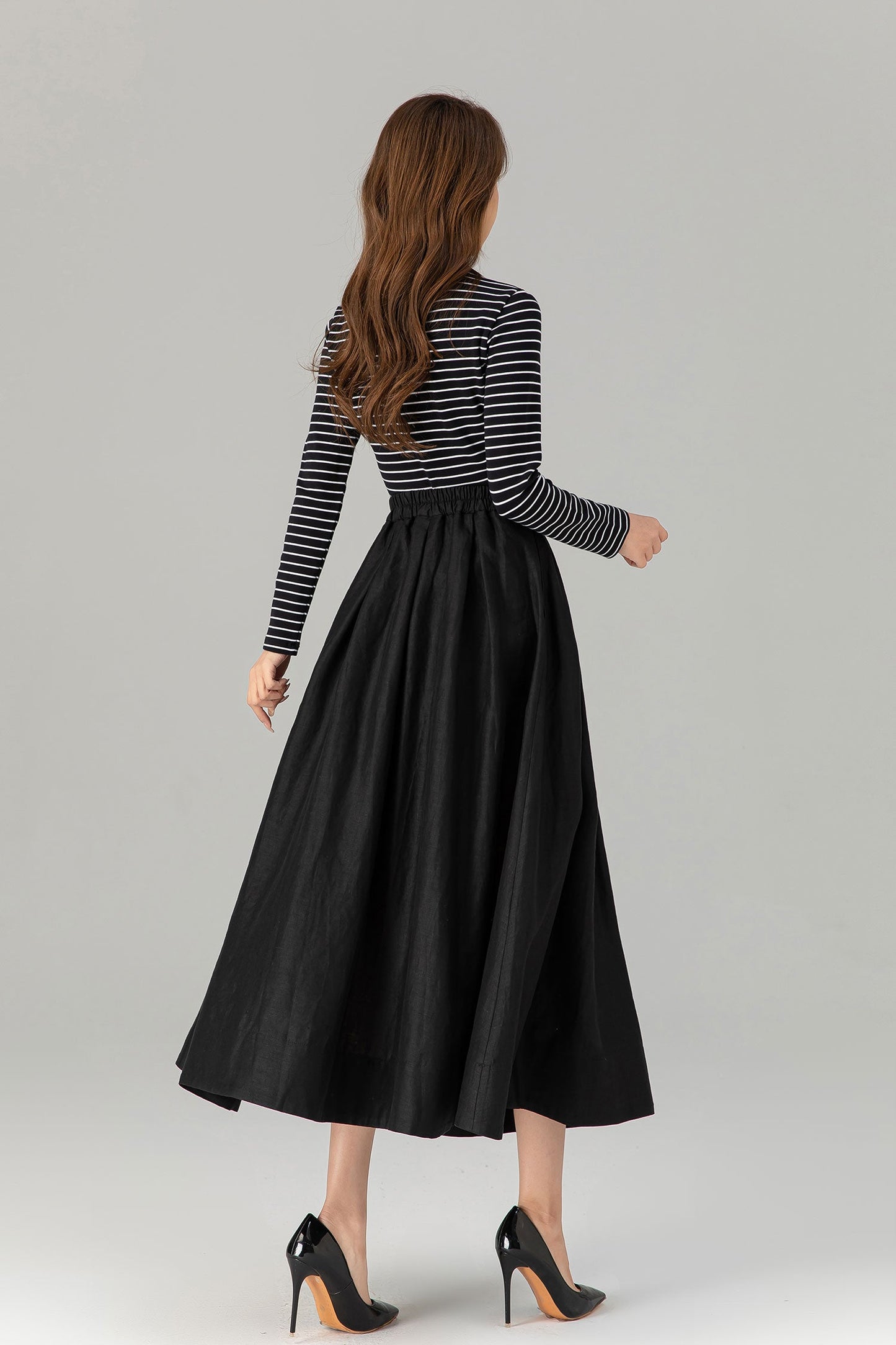 Pleated, Back Elastic Waist with Pockets 4917 Adelaide Linen Midi Skirt