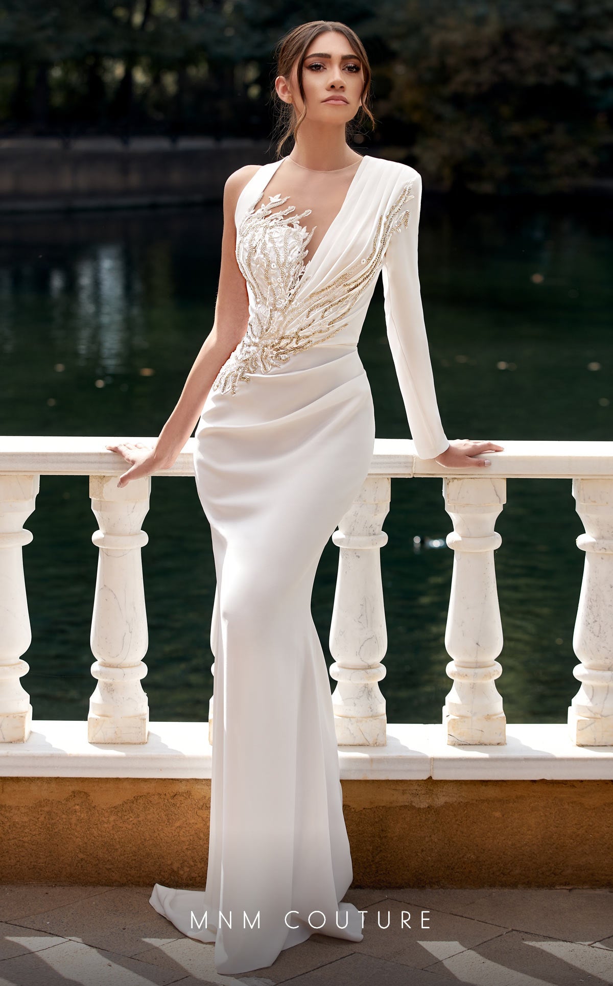 Length Satin Wedding Dress MNM Couture K3940 Alexandra Jacquard Floor-Length Dress