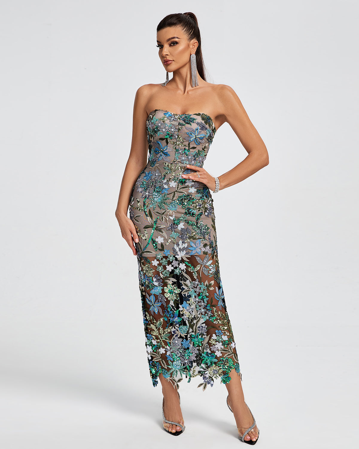 Light Blue Dahlia Sequin Maxi Dress in Red