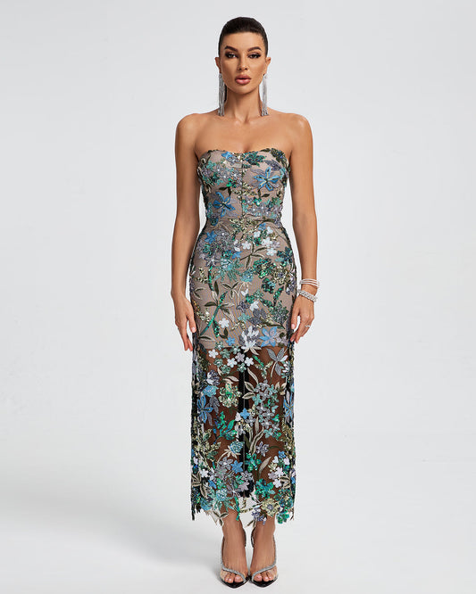 Colorful Dahlia Sequin Maxi Dress in Red