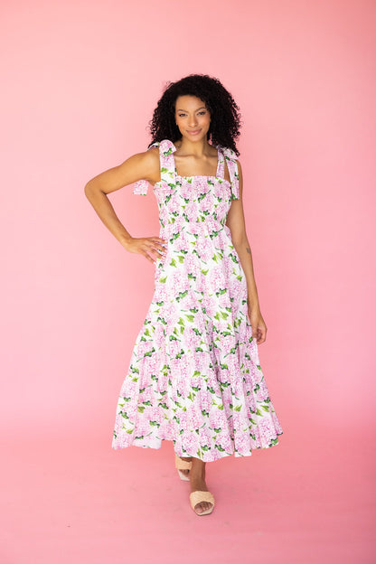 Emma Bow Maxi Dress in Pink Hydrangeas
