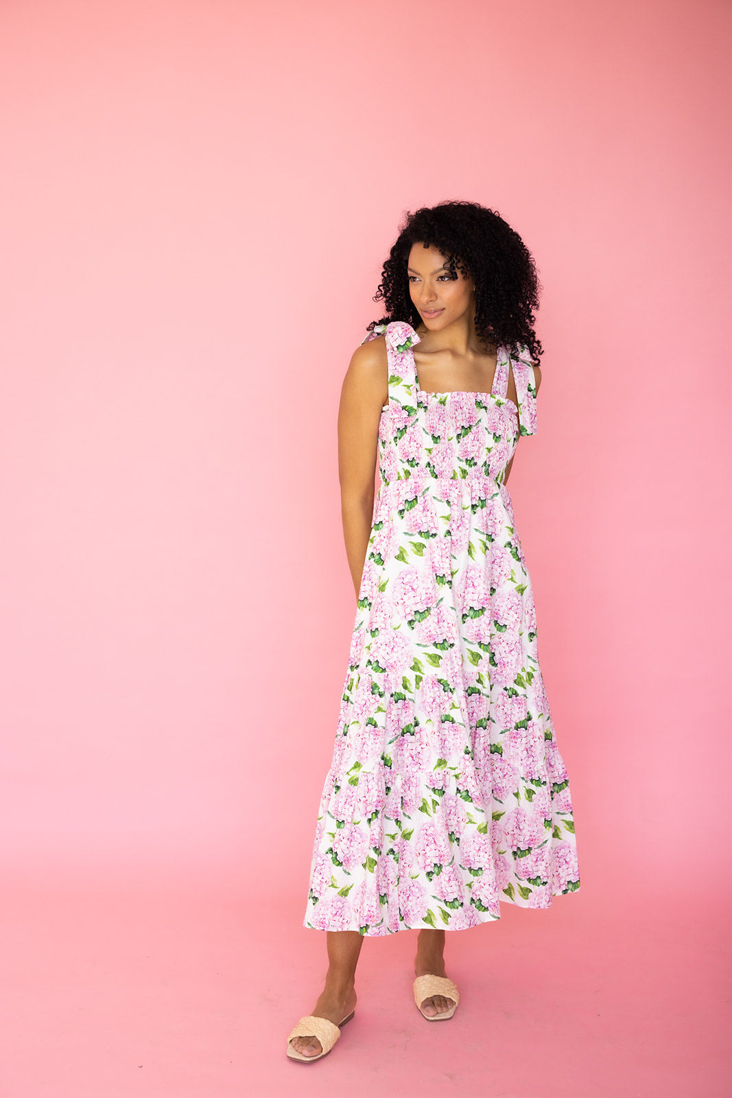 Emma Bow Maxi Dress in Pink Hydrangeas