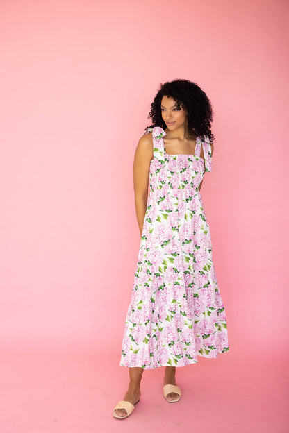Emma Bow Maxi Dress in Pink Hydrangeas