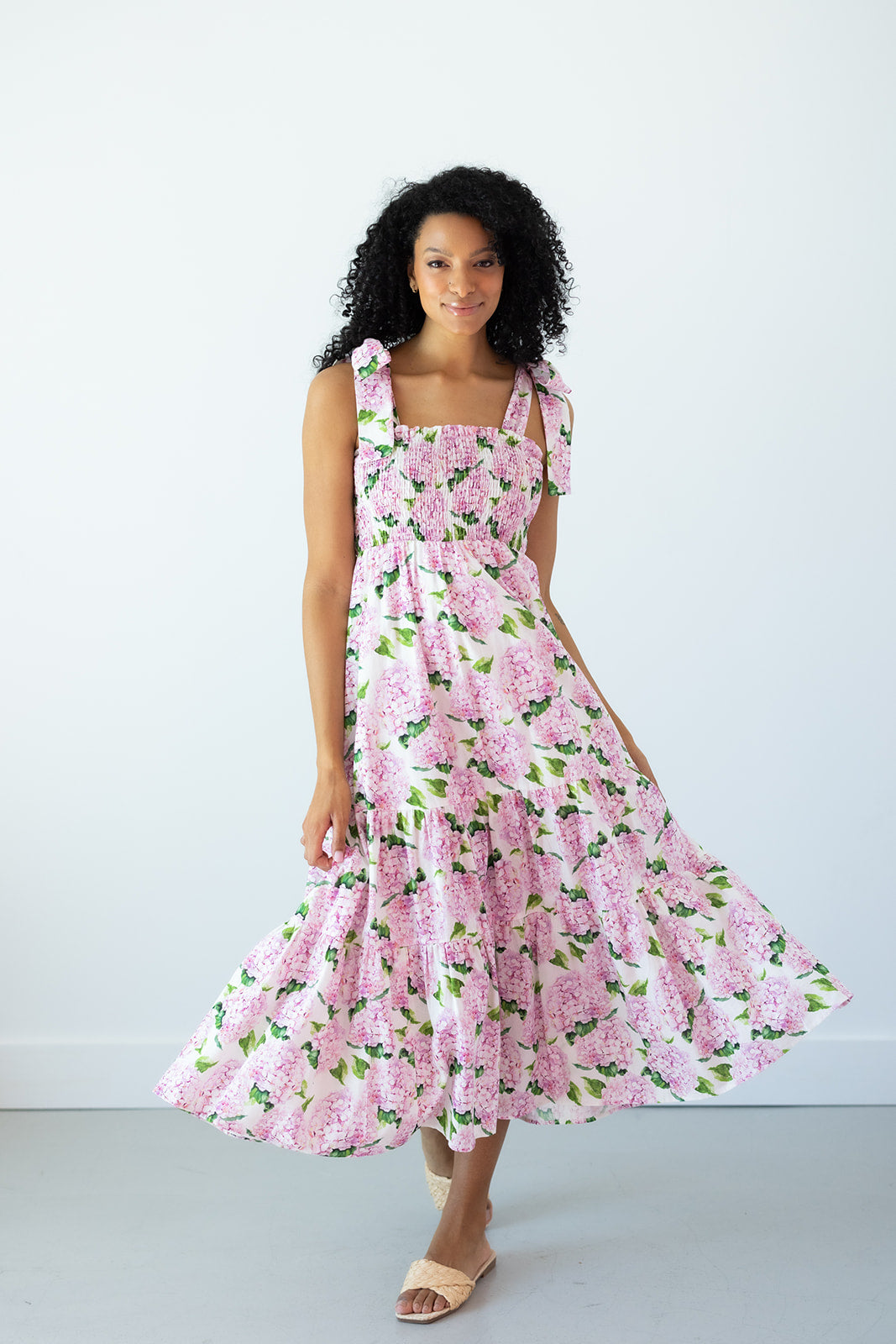 Emma Bow Maxi Dress in Pink Hydrangeas