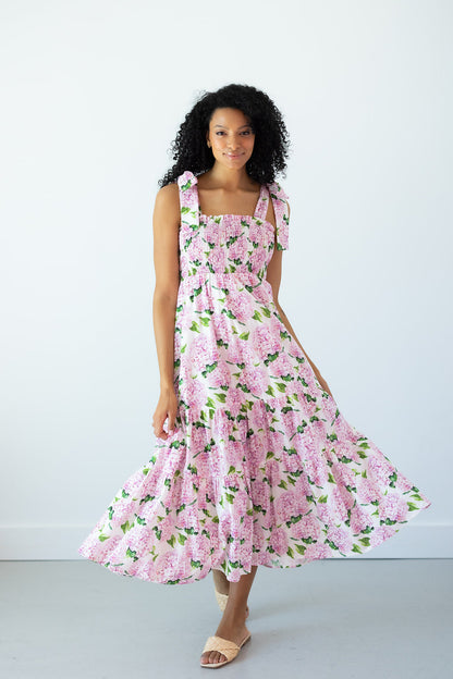 Emma Bow Maxi Dress in Pink Hydrangeas