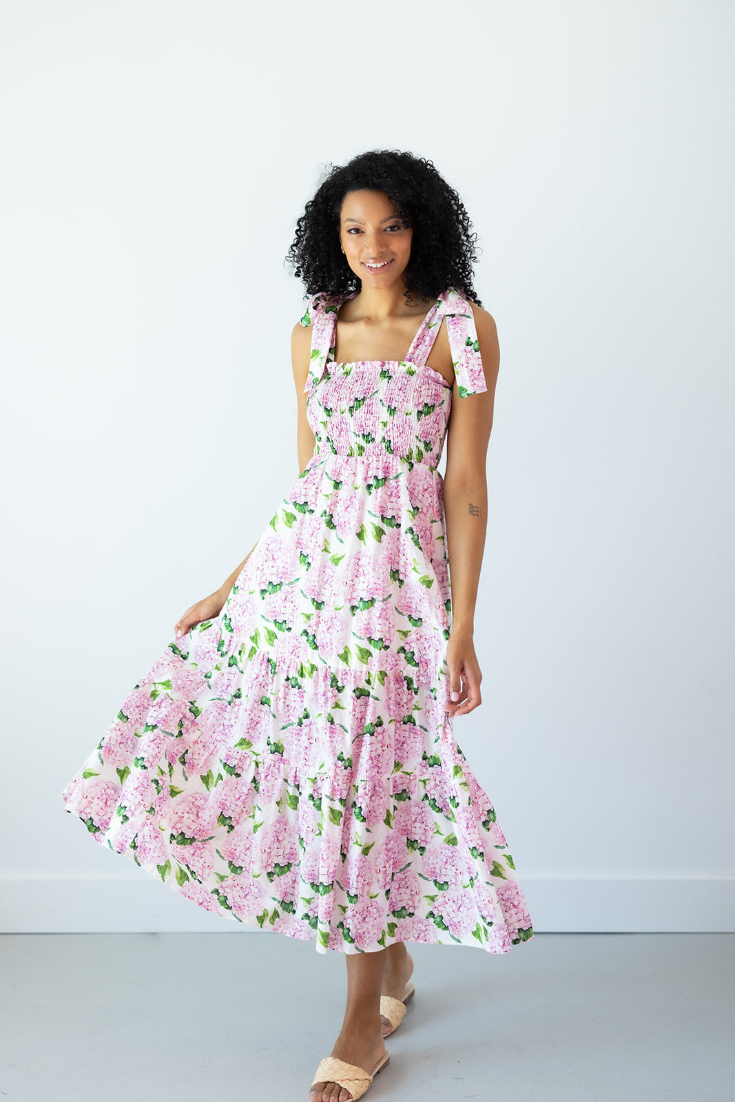 Emma Bow Maxi Dress in Pink Hydrangeas