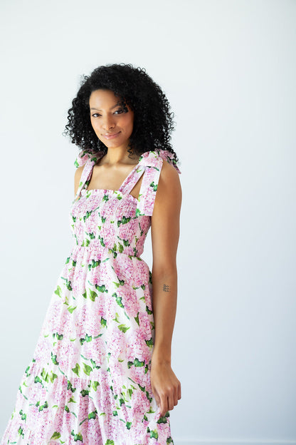 Emma Bow Maxi Dress in Pink Hydrangeas