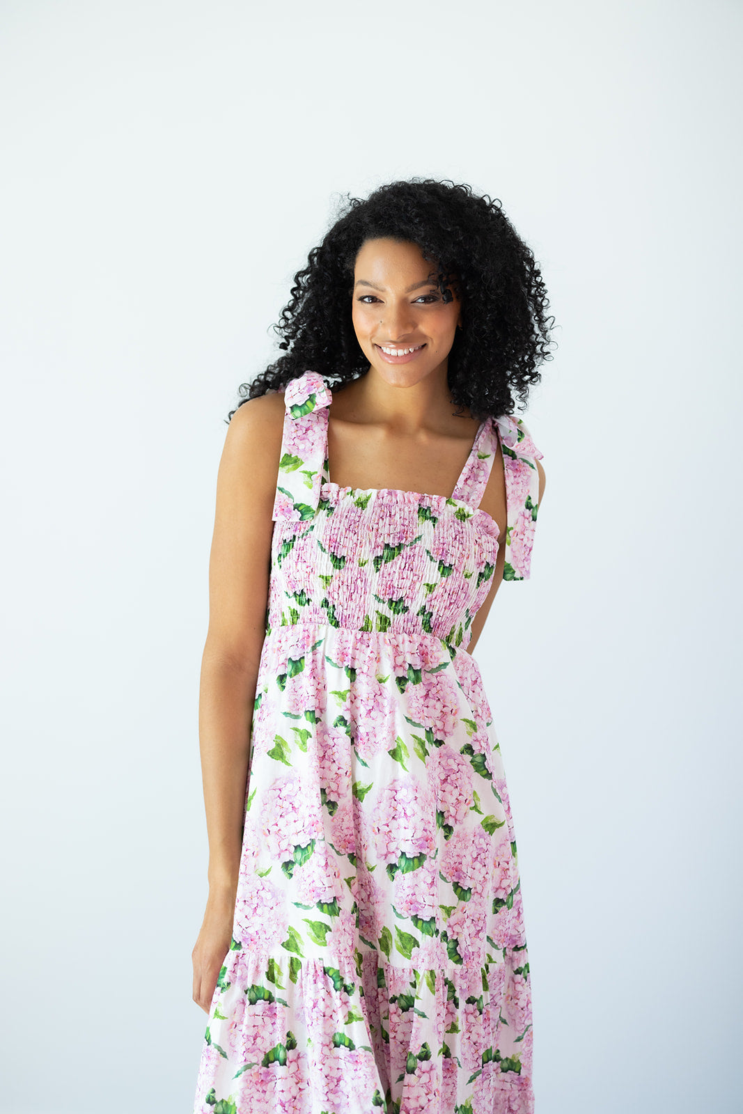 Emma Bow Maxi Dress in Pink Hydrangeas