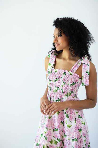 Emma Bow Maxi Dress in Pink Hydrangeas