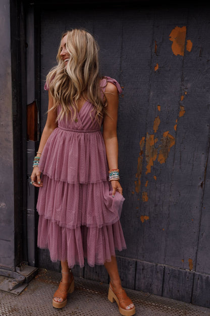 Mauve Arabella Tiered Tulle Dress in Mauve