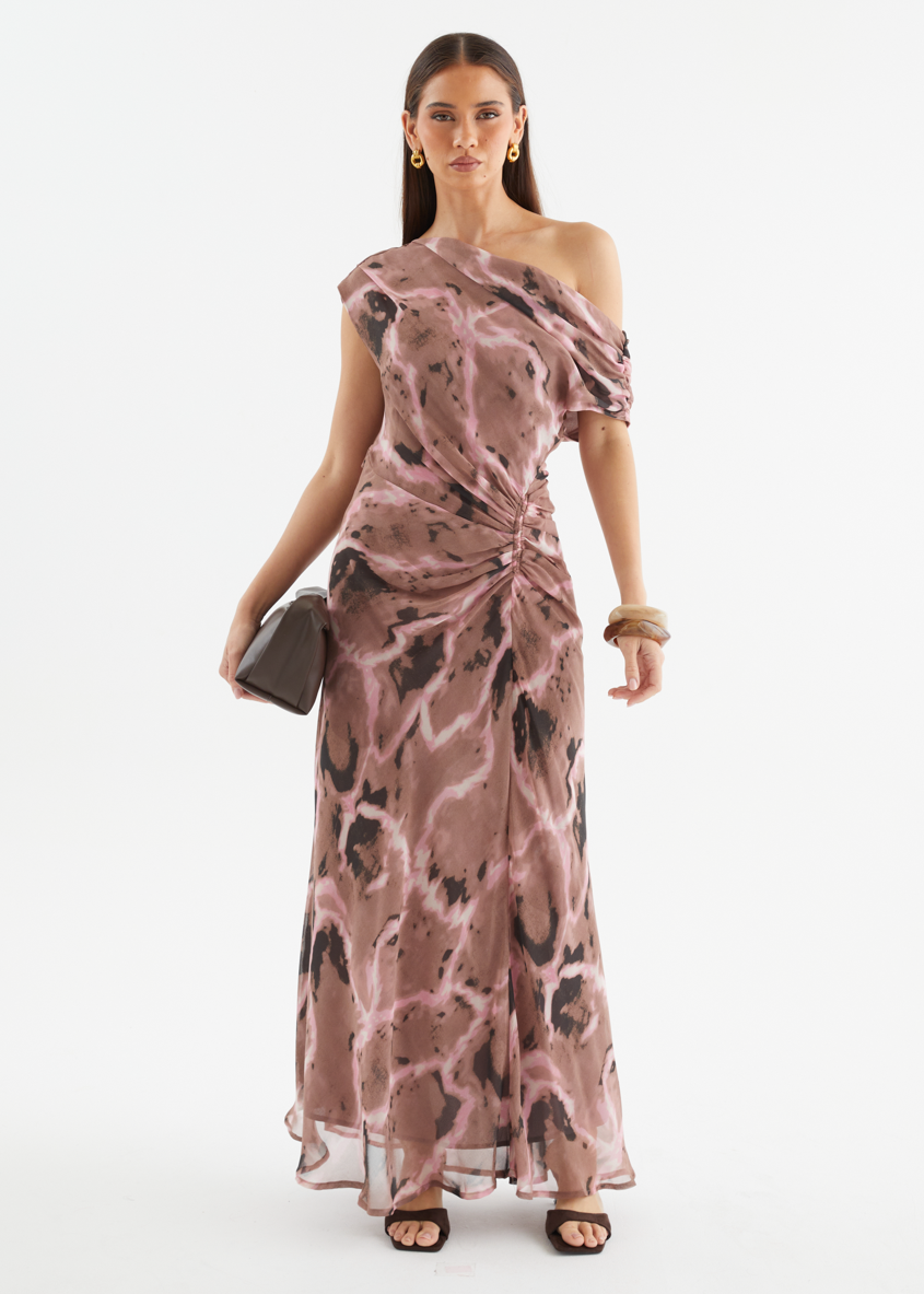 Chocolate Swirl Violet One-Shoulder Maxi Dress