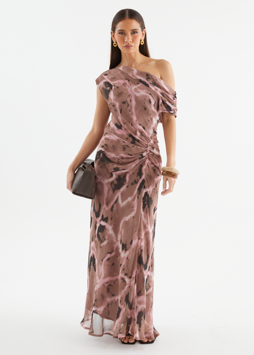 Chocolate Swirl Violet One-Shoulder Maxi Dress