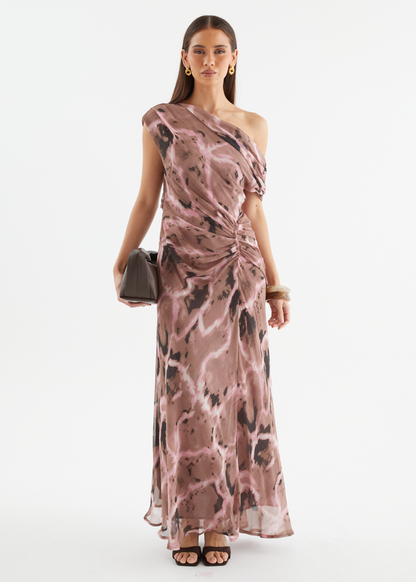 Chocolate Swirl Violet One-Shoulder Maxi Dress
