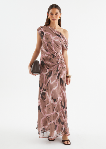 Chocolate Swirl Violet One-Shoulder Maxi Dress