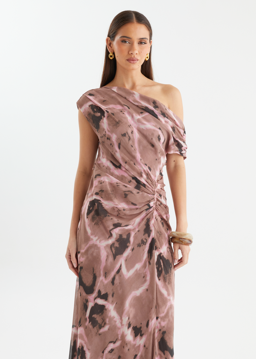 Chocolate Swirl Violet One-Shoulder Maxi Dress