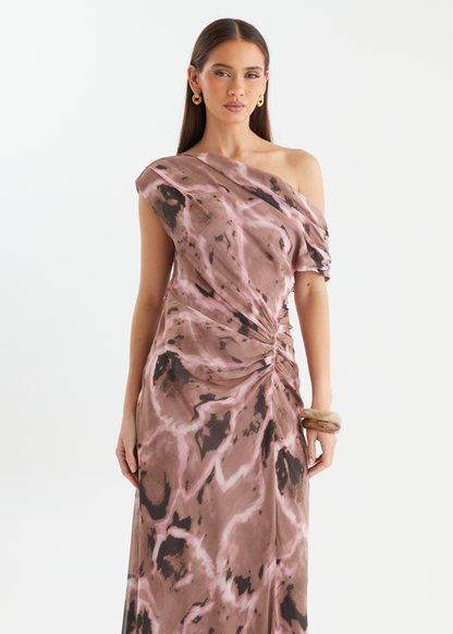 Chocolate Swirl Violet One-Shoulder Maxi Dress