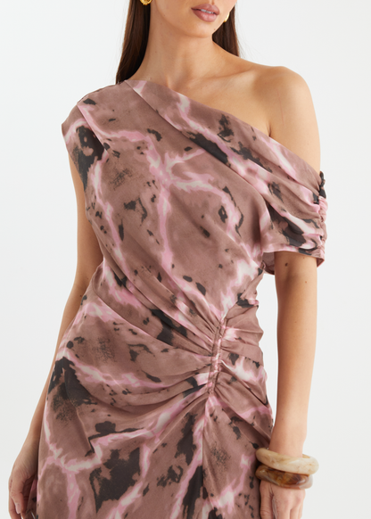 Chocolate Swirl Violet One-Shoulder Maxi Dress
