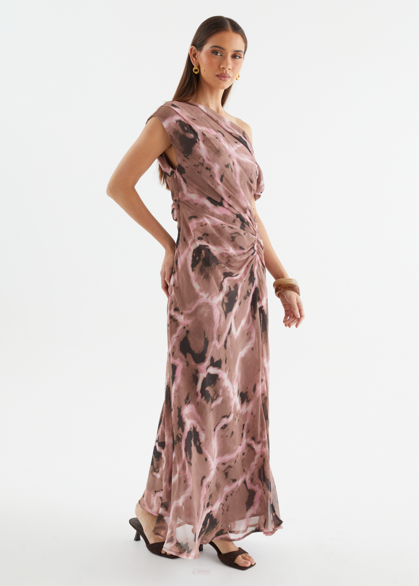 Chocolate Swirl Violet One-Shoulder Maxi Dress